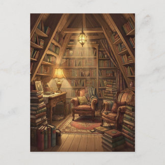 Een gezellige, met boeken gevulde zolderkamer bade briefkaart