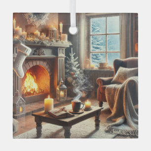 Een gezellige winterscène bij de warme open haard glas ornament