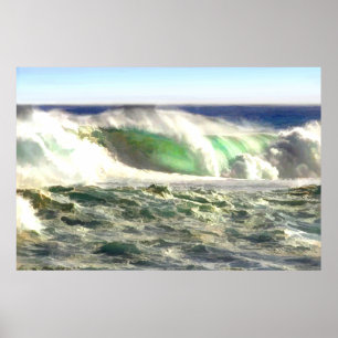 Een gigantische golf die naar de kust rolt poster