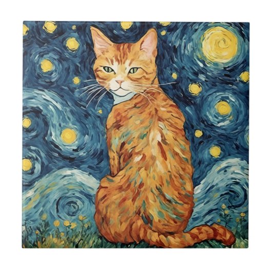 Een Ginger Tabby Cat in de Sterrennacht Tegeltje (Voorkant)