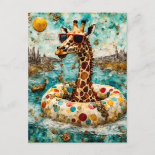 Een Giraffe op vakantie in een drijvende donut Briefkaart