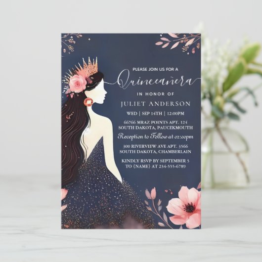 Een Glam Ball Gown Spark Dark Navy Blue Quinceaner Kaart (Staand voorkant)