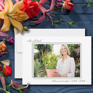 Een goed leven met drievoudig geborduurde fotobegr bedankkaart