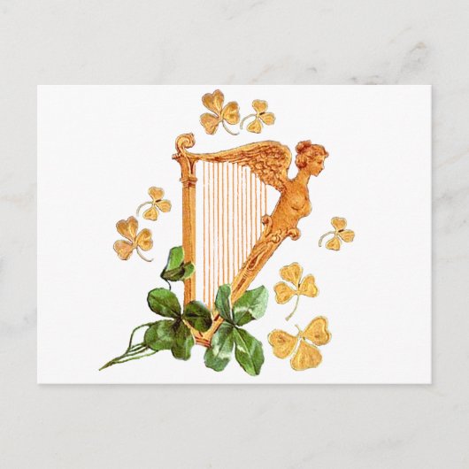 Een Golden Irish Harp omringd door Shamrocks Briefkaart (Voorkant)