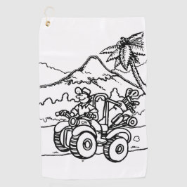 Een golfer die golf speelt met zijn vier wieler golfhanddoek