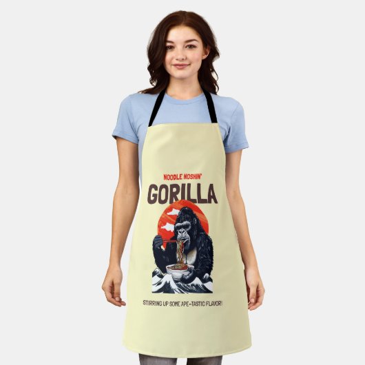 Een gorilla eet spaghetti schort (Gedragen)