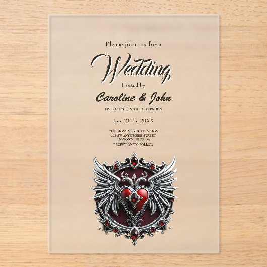 Een gotische symbiose, elegant hart en schedels. acryl uitnodigingen (Voorkant)