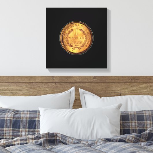 Een gouden dollar 1853-munt - Zwarte achtergrond Canvas Afdruk (Insitu (Slaapkamer))