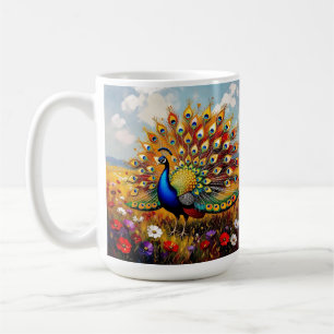 Een gouden en blauwe pauw in bloemen koffiemok