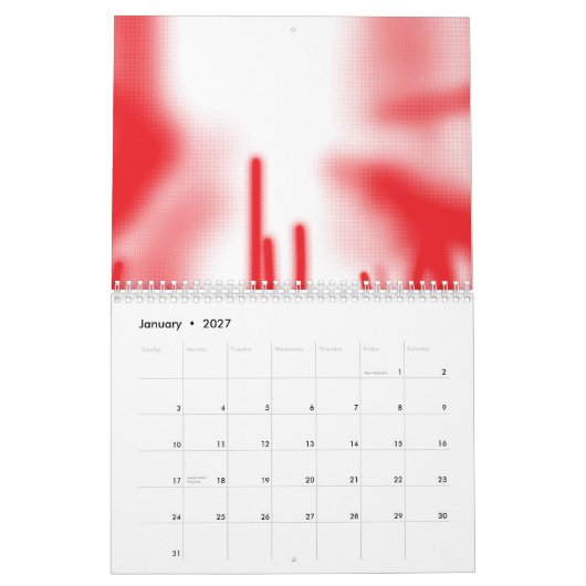 Een grafisch ontwerp met opvallende rode en oranje kalender (Jan 2027)