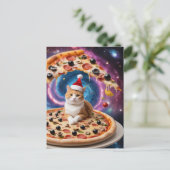 Een grappige kerstmuts kerstpizza kat briefkaart (Staand voorkant)