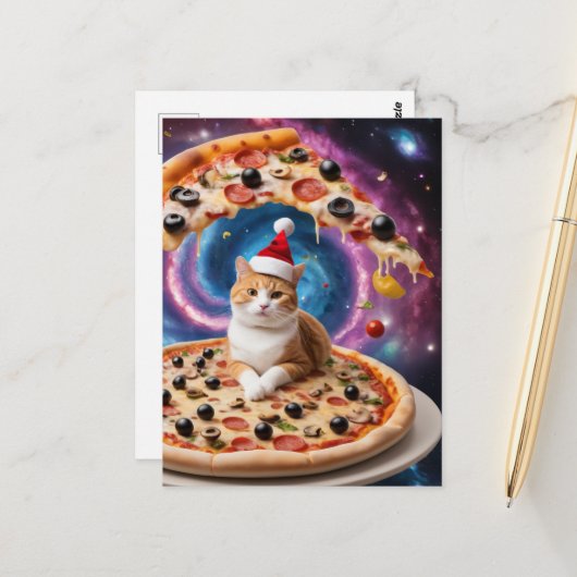 Een grappige kerstmuts kerstpizza kat briefkaart (Voorkant / Achterkant in situ)