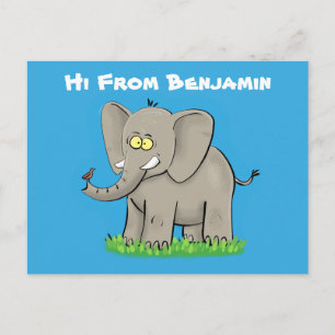Een grappige olifant met vogel op de cartoon van d briefkaart
