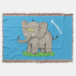 Een grappige olifant met vogel op de cartoon van d deken