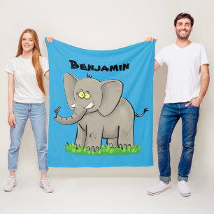 Een grappige olifant met vogel op de cartoon van d fleece deken