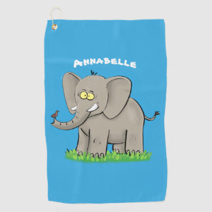 Een grappige olifant met vogel op de cartoon van d golfhanddoek