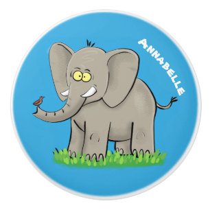 Een grappige olifant met vogel op de cartoon van d keramische knop