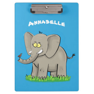 Een grappige olifant met vogel op de cartoon van d klembord