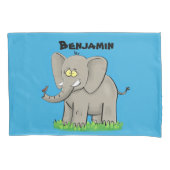 Een grappige olifant met vogel op de cartoon van d kussensloop (Voorkant)
