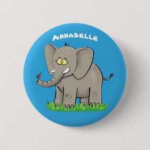 Een grappige olifant met vogel op de cartoon van d ronde button 5,7 cm
