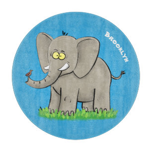 Een grappige olifant met vogel op de cartoon van d snijplank