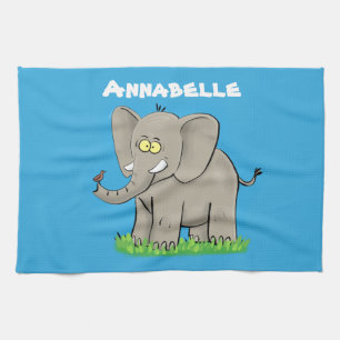 Een grappige olifant met vogel op de cartoon van d theedoek