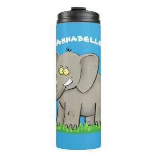 Een grappige olifant met vogel op de cartoon van d thermosbeker