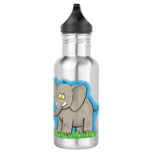 Een grappige olifant met vogel op de cartoon van d waterfles 