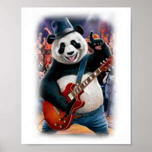 Een grappige pandarocker op het podium op een witt poster