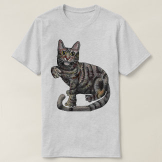 Een grijze kat, met "Ik hou van katten!" T-shirt