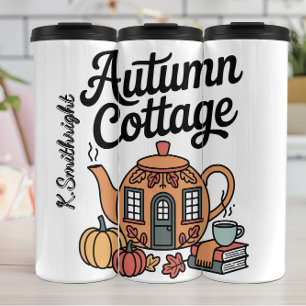 Een grillig herfsthuisje theepot ontwerp thermosbeker