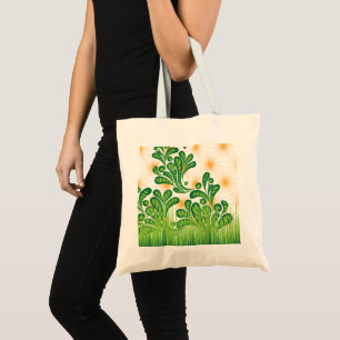 Een groen en goud artistiek patroon met een boom tote bag