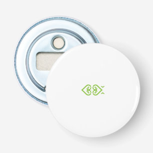 Een groen-witte logo met een gestileerd ontwerp button flesopener