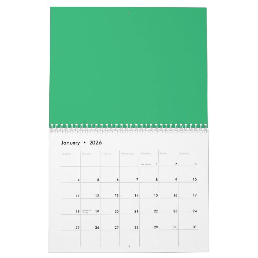 Een groene achtergrond met een witte rand kalender (Jan 2026)