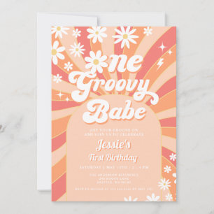 Een Groovy Babe Pink Daisy 70s Bloemen 1e Verjaard Kaart