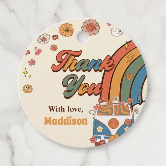 Een groovy babe retro regenboog 1e verjaardag bedankjes labels (Voorkant)