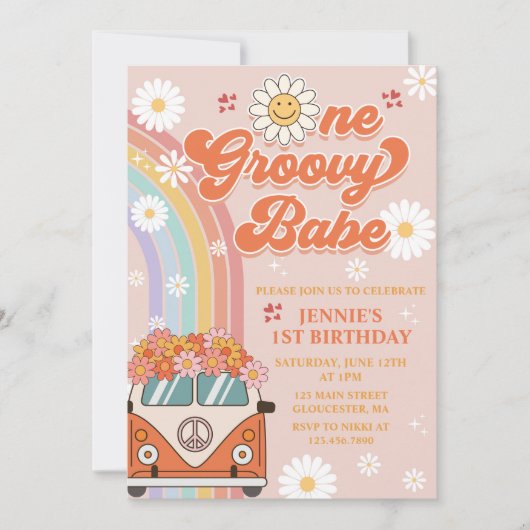 Een groovy babe retro regenboog 1e verjaardag kaart (Voorkant)