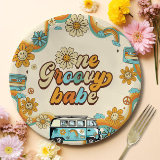 Een groovy babe retro regenboog 1e verjaardag papieren bordje