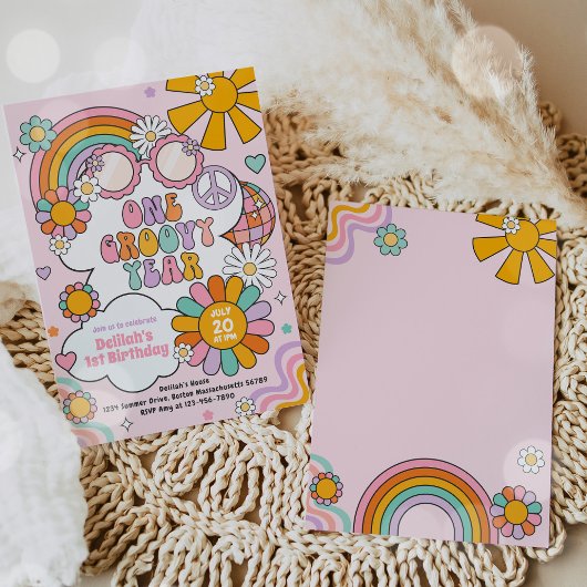 Een groovy jaar 70s bloem macht regenboog verjaard kaart