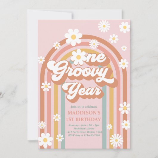 Eén Groovy Jaar Boho Daisy Rainbow 1st Birthday Kaart (Voorkant)