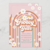 Eén Groovy Jaar Boho Daisy Rainbow 1st Birthday Kaart (Voorkant / Achterkant)