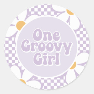 Eén Groovy Meisje Paarse Madeliefjes Checker Ronde Sticker