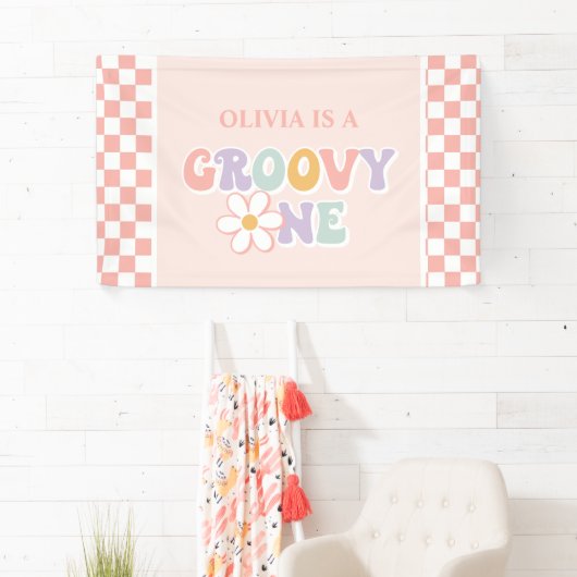 Een Groovy meisje roze Daisy Checker Spandoek (Insitu)