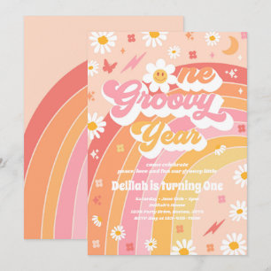 Eén Groovy Year Peace Love Party Rainbow Birthday Kaart