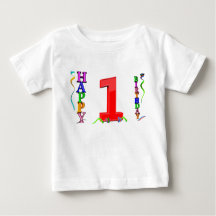 Een grote rode 1 tussen kleurrijke Happy Birthday