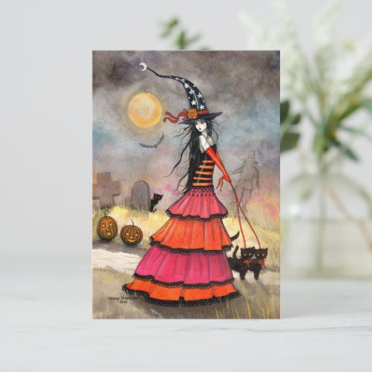 Een Halloween Stroll Fantasy Heks en Katten Kaart (Staand voorkant)