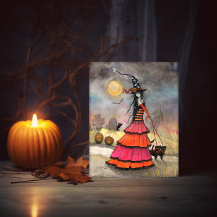 Een Halloween Stroll Fantasy Heks en Katten Kaart