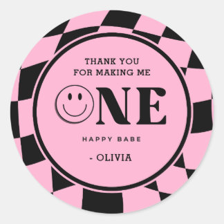 Een Happy Babe Girl Roze 1e Verjaardag Bedankt Ronde Sticker