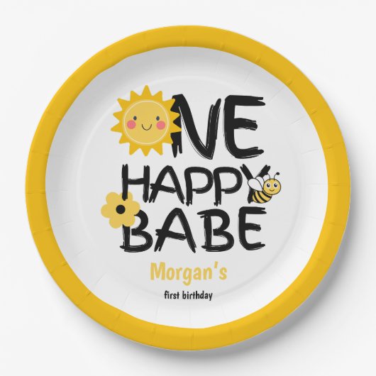 Een Happy Babe Yellow Sunny Bee Girls 1e verjaarda Papieren Bordje (Voorkant)