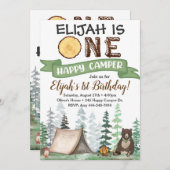 Eén Happy Camper Birthday Uitnodiging 1e verjaarda (Voorkant / Achterkant)